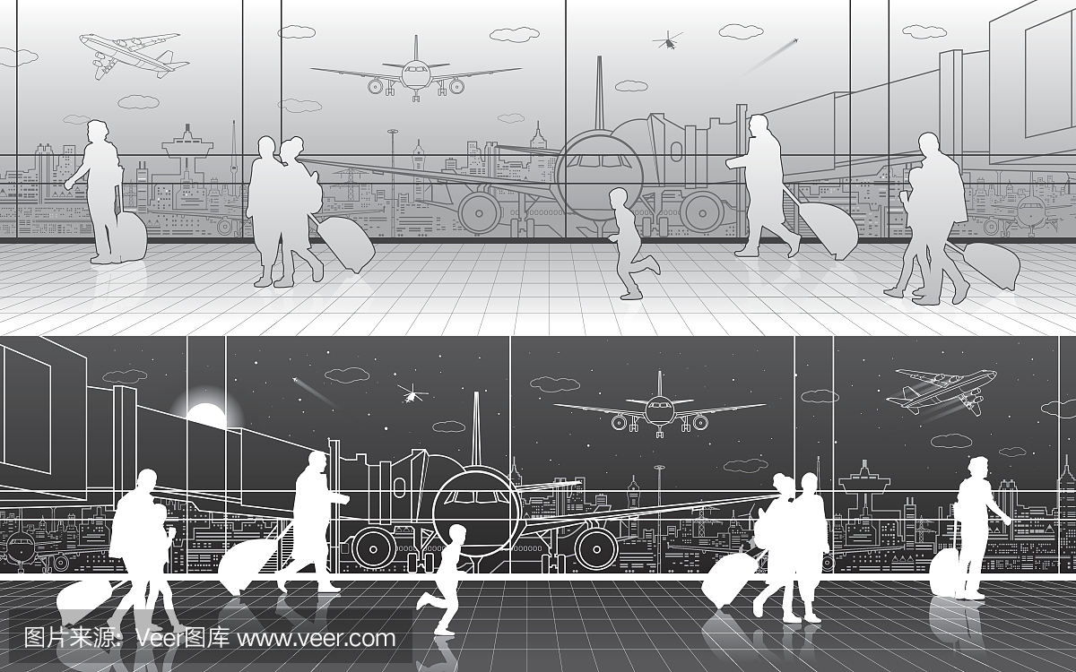 机场航站楼,跑道上的飞机,飞机起飞,航空场景,旅客期待飞行,交通基础设施背景,矢量设计艺术